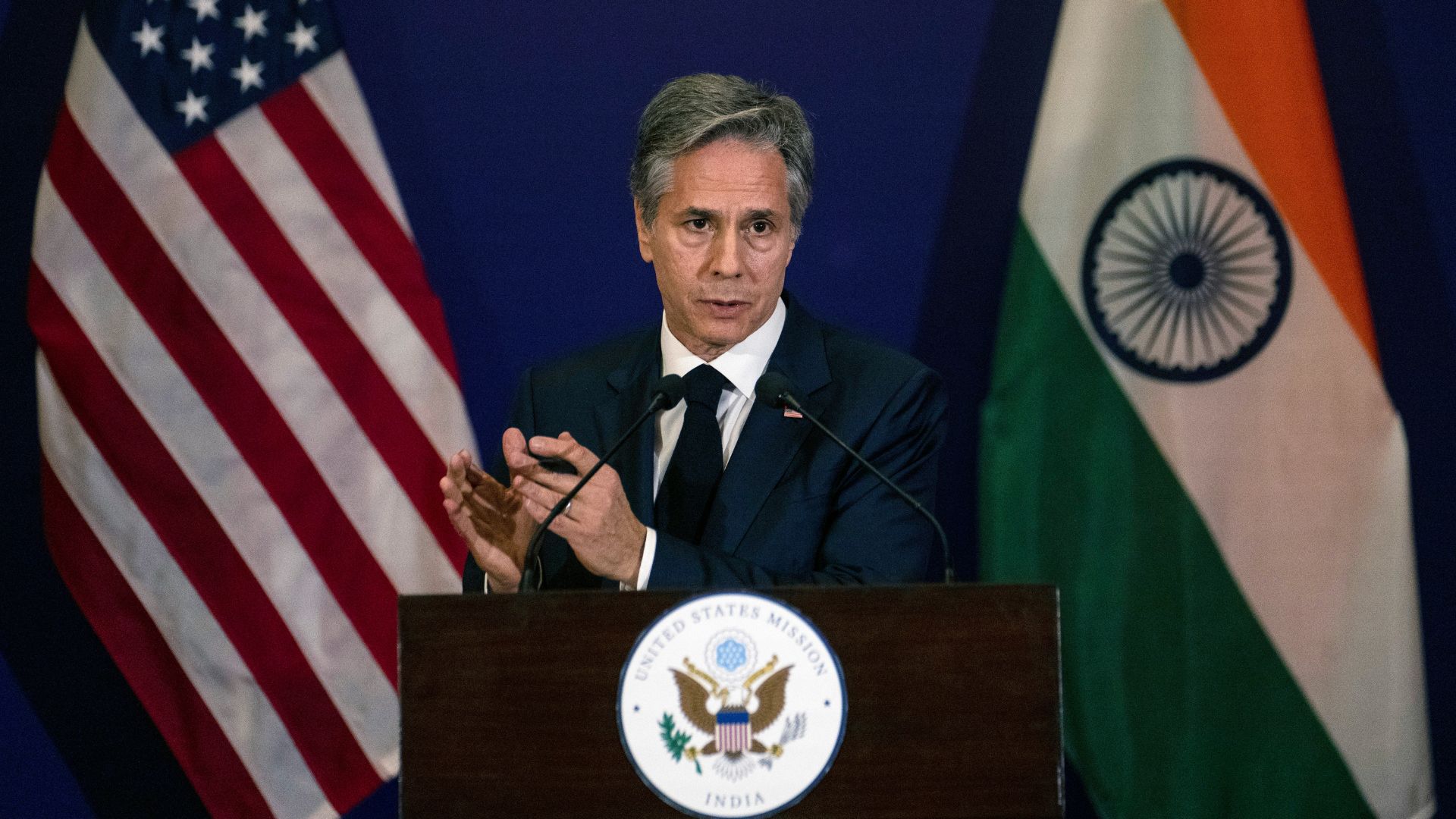 Secretary Blinken speaks during a press conference on the sidelines of the G20 foreign ministers meeting. (Photograph by Altaf Qadri © AP Images)