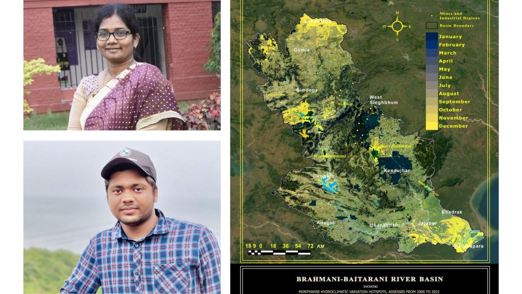 The Ravenshaw University team with Jajnaseni Rout (top left) and Dibya Jyoti Mohanty (above left) studied hydro-climatic variability hotspots in the Brahmani-Baitarani river basin in eastern India (above right). (Photographs courtesy Dibya Jyoti Mohanty)